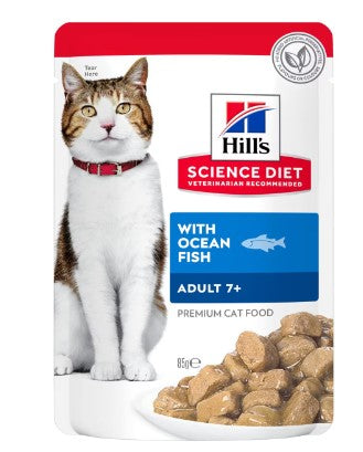 HILLS CAT ADULT 7+ OCEAN FISH POUCHES 85G 12PK