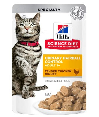 HILLS CAT ADULT URINARY HAIRBALL CONTROL CHICKEN POUCHES 85G X12PK