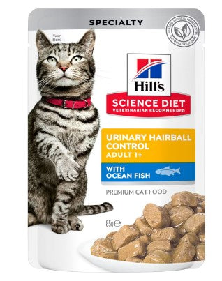 HILLS CAT ADULT URINARY HAIRBALL CONTROL FISH P0UCHES 85G 12PK