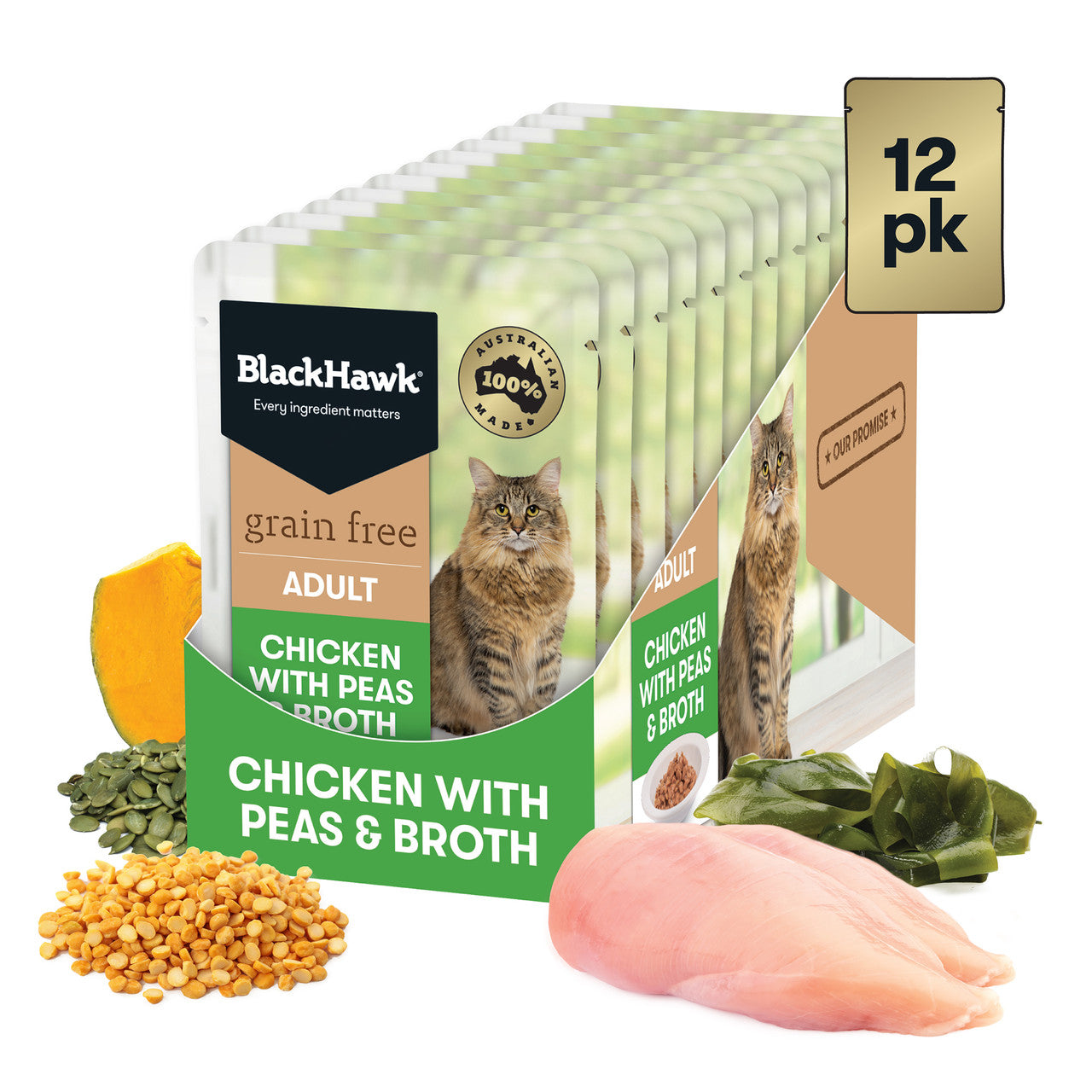 Black Hawk Grain Free Cat Chicken with Peas & Broth 12 X 85g