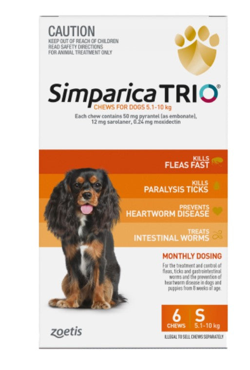 Simparica Trio 5.1-10kg Dog Flea Tick & Worm Chew 6PK