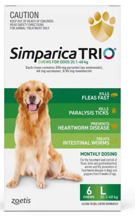 Simparica Trio 20.1-40kg Dog Flea Tick & Worm Chew 6PK