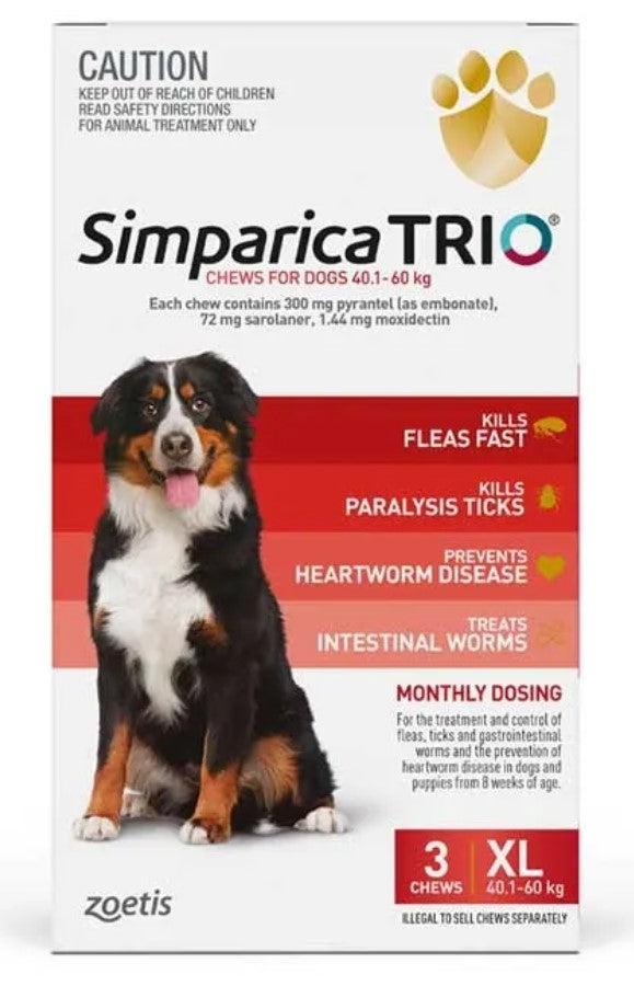 Simparica Trio 40.1-60kg Dog Flea Tick & Worm Chew 3PK