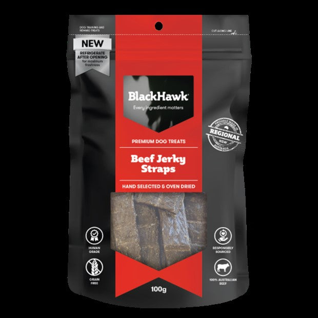 BLACK HAWK DOG TREAT BEEF JERKY STRAPS 100G