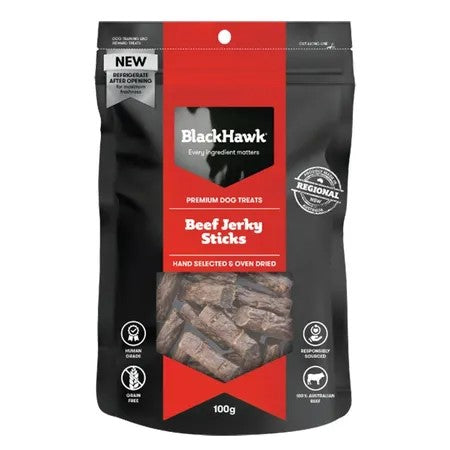 BLACK HAWK DOG TREAT BEEF JERKY STICKS 100G