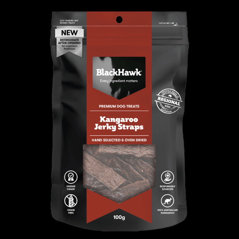 BLACK HAWK DOG TREAT KANGAROO JERKY STRAPS 100G