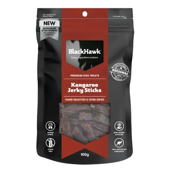 BLACK HAWK DOG TREAT KANGAROO JERKY STICKS 100G