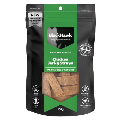 BLACK HAWK DOG TREAT CHICKEN JERKY STRAPS 100G