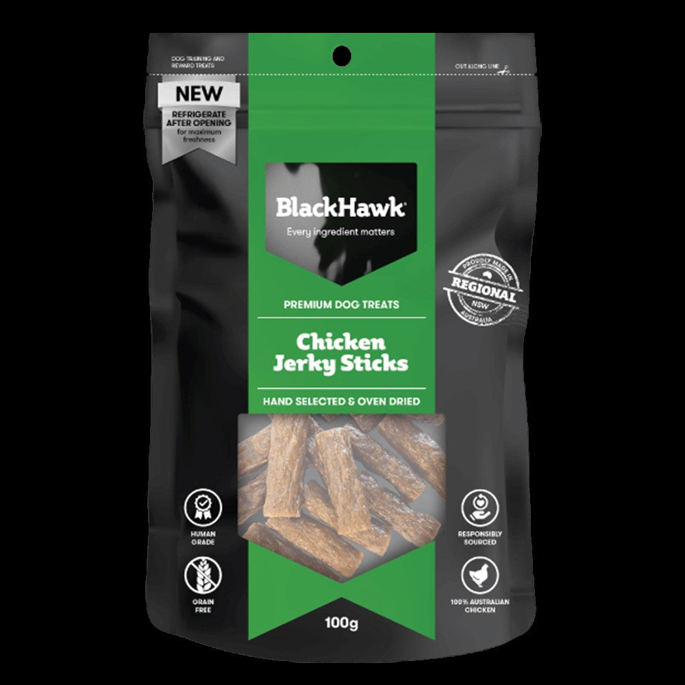 BLACK HAWK DOG TREAT CHICKEN JERKY STICKS 100G