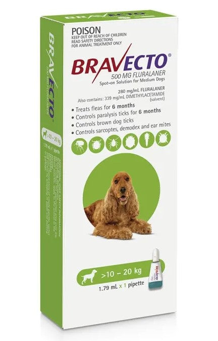 BRAVECTO SPOT ON DOG MED 10KG - 20KG GREEN