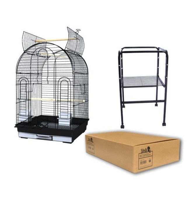 Birdie Round Top Cage Black+Black Stand 46 x 46 x 70cm