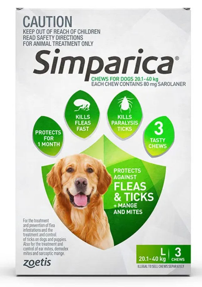 Simparica For Large Dogs 20.1 - 40kg Flea & Tick Chew 3PK