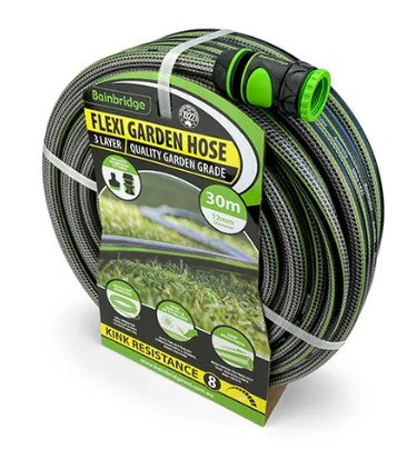 FLEXI GARDEN HOSE W FITTINGS- 3 LAYER- 12MM x 30M